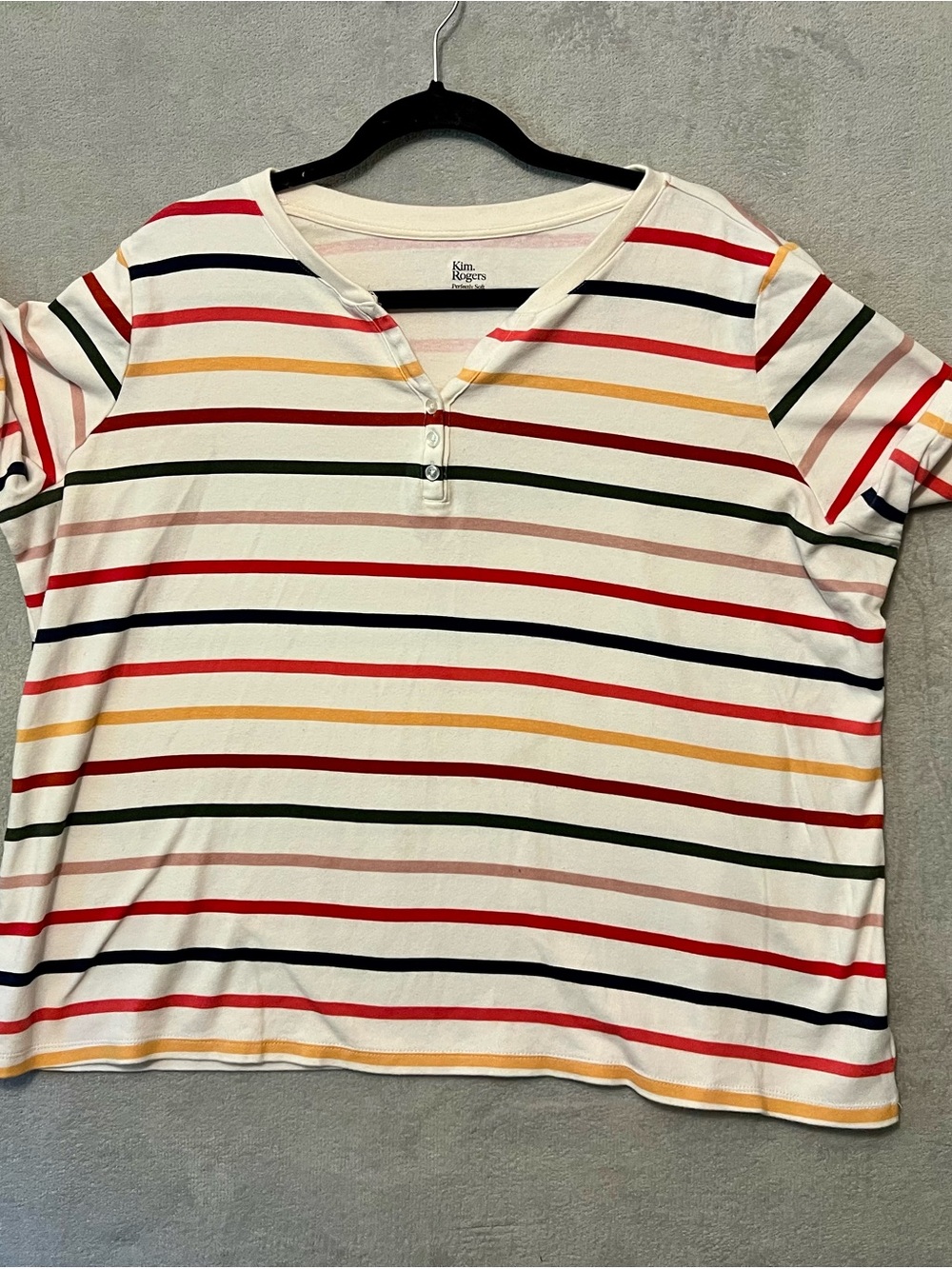 Kim Rogers White Striped Henley Tee with Red, Yellow, Green and Navy